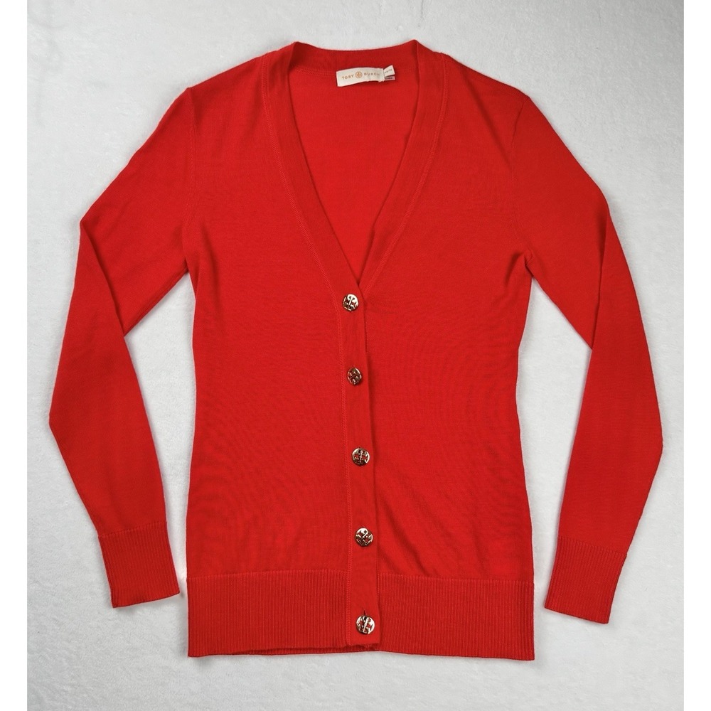 Tory Burch Women's Red Merino Wool Cardigan Gold Logo Buttons Size XS